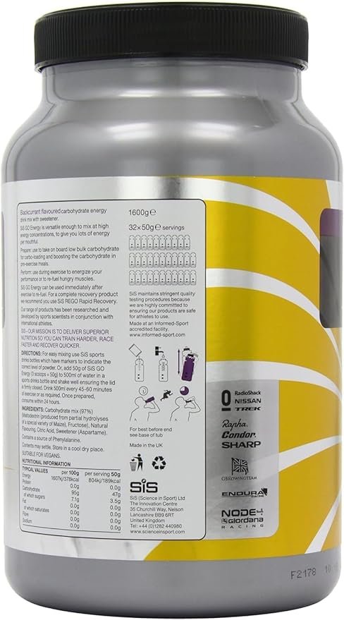 Science In Sport GO Energy Powder Energy Drinks, Blackcurrant Flavour, 47g of Carbohydrates, 32 Servings Per 1.6kg