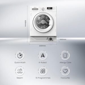 Hisense 3 Series WF3M741BWI Intergrated 7 KG Front Load Washing Machine - Durable Inverter | Quick Wash Baby Care | Wool - 14 Washing Programs 1400 RPM White- Energy Rating A [Energy Class A]